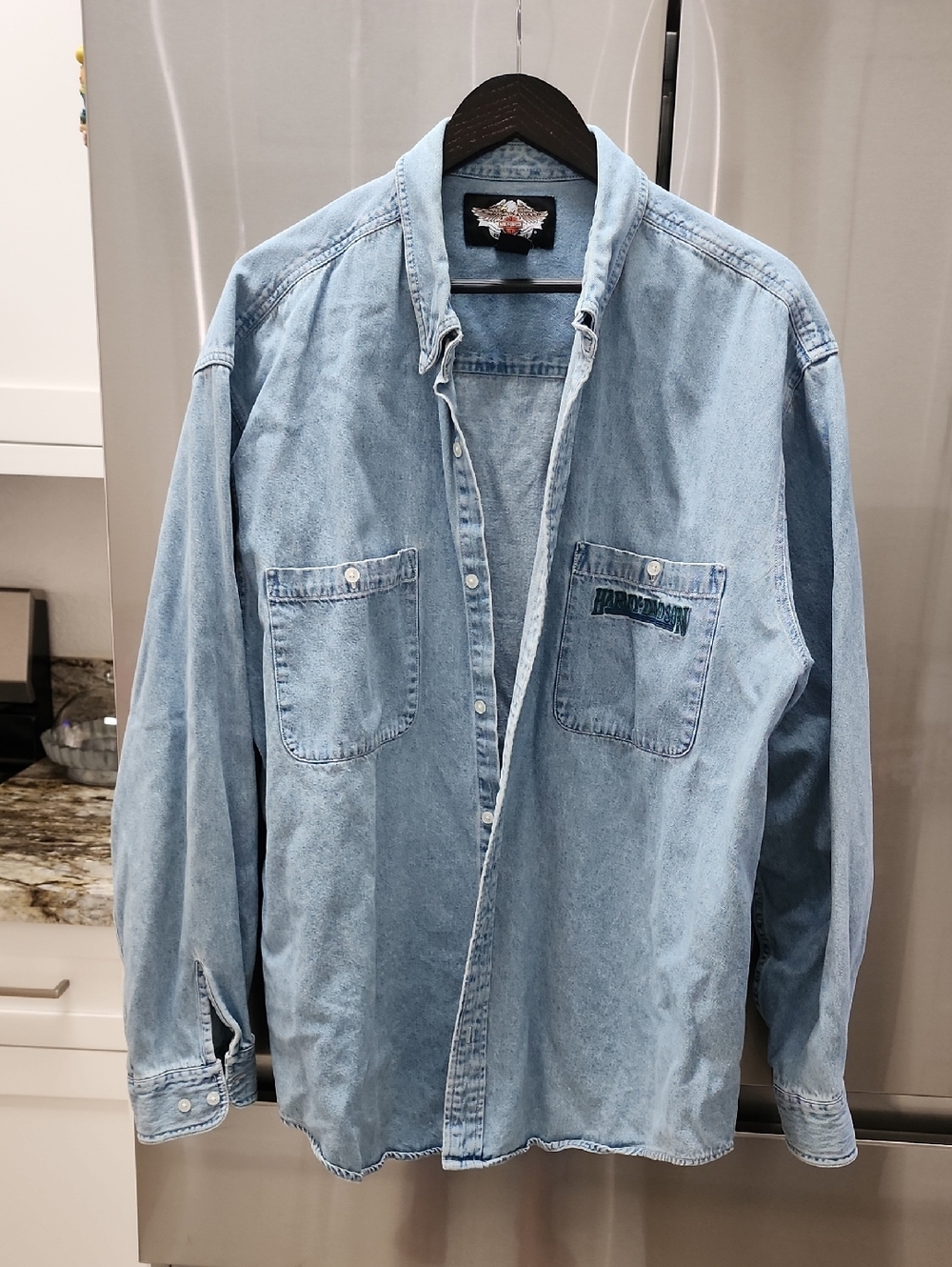 Harley Davidson Men's Button Down Shirt Denim Long Sleeve Distressed Size 2XL